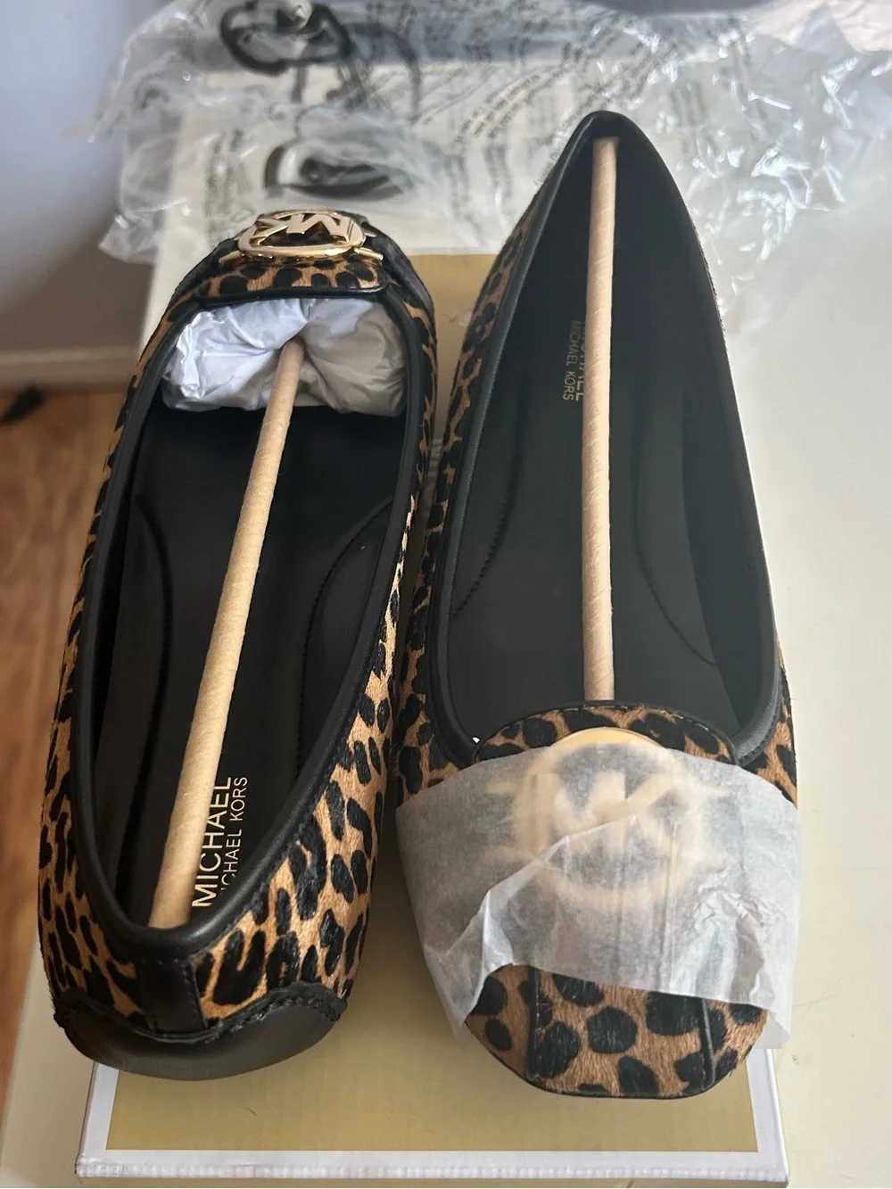 Michael Kors Leopard-Print Logo Ballet Flats in Black and Brown NEW IN BOX SZ 10